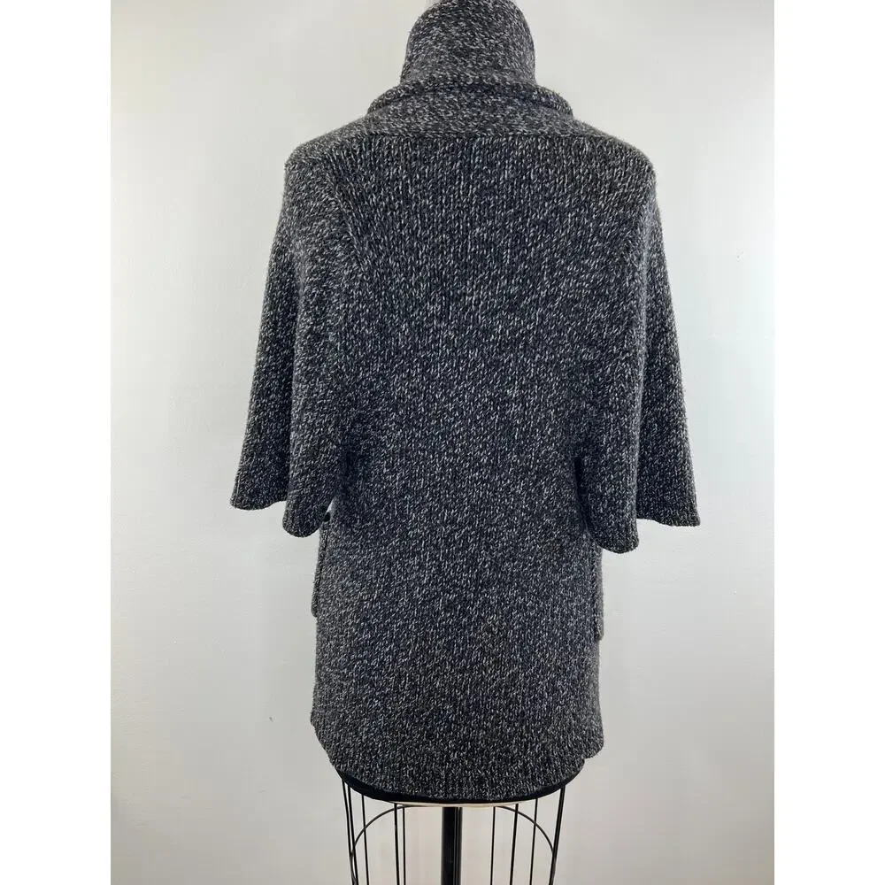 THEORY Black Gray Marled Wool-Cashmere Blend Cowl Neck Cardigan Sweater Size P